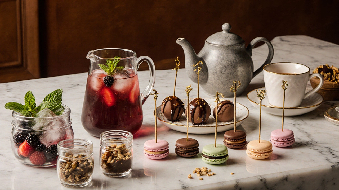 Десертный бар с мини-пирожными, макарунами и мороженым на палочках, ягодный напиток и чайник.
