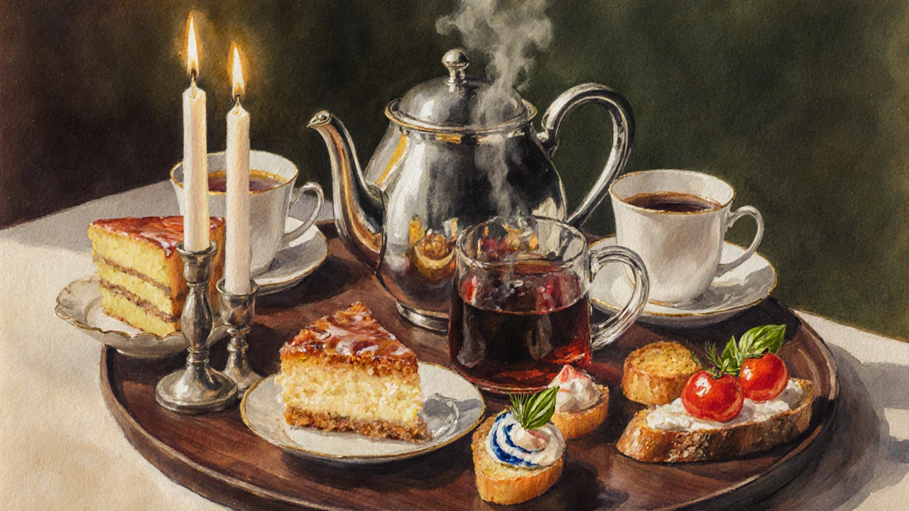 Элегантный чайный стол с десертами (шарлотка, медовый кекс) и пикантными канапе, брускеттой и крабовыми крокетами.
