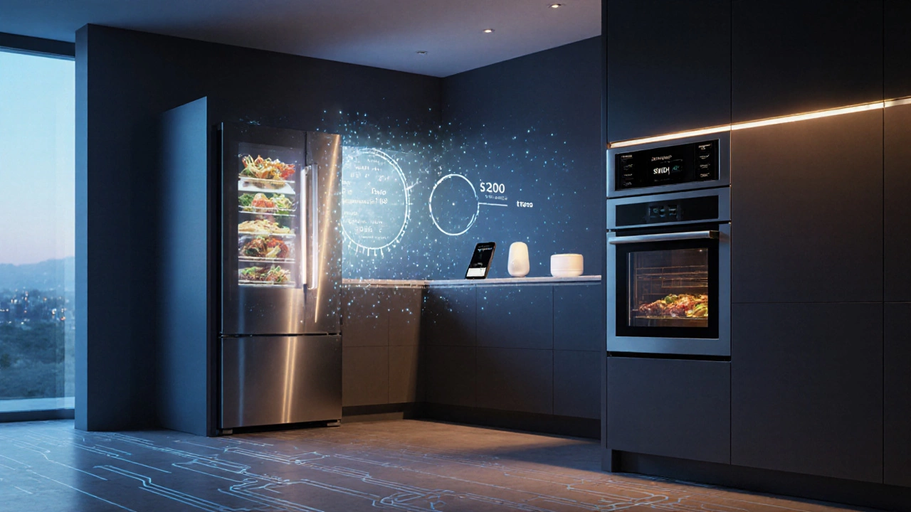 Футуристическая кухня с умными приборами Bosch и Thermador, управляемыми через приложение.