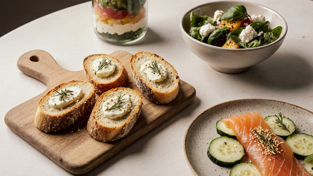 Холодные закуски: хлеб с чесночным маслом, запечённые овощи с фетой и копчёный лосось на деревянной доске.