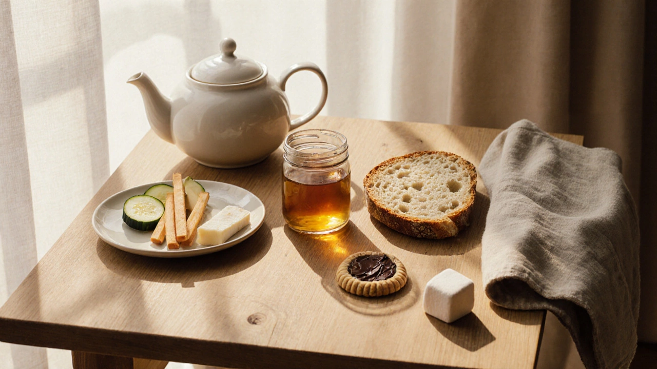 Простые закуски к чаю: сырные палочки, огурцы и хлеб на деревянной поверхности.