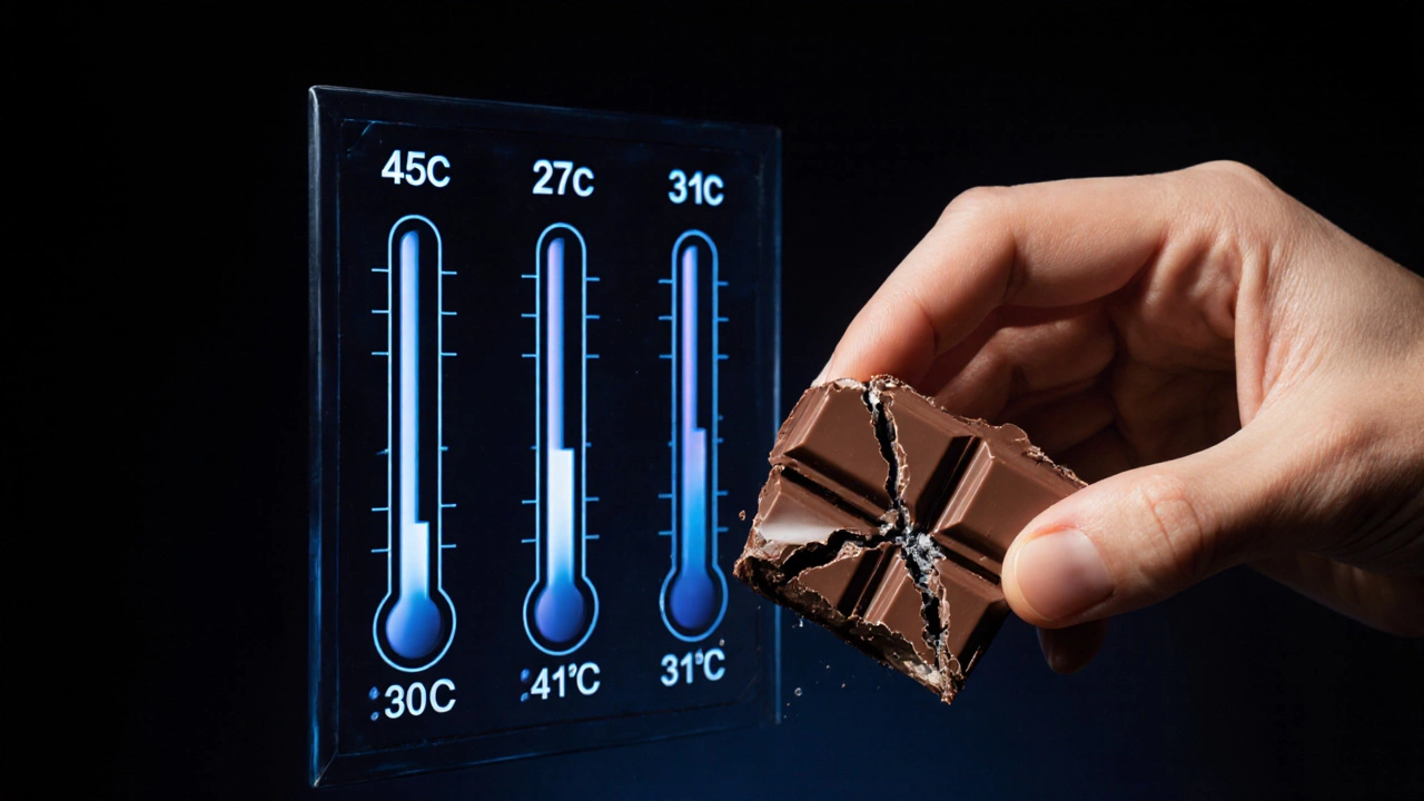 Рука ломает кусок шоколада, который хрустит, на фоне схемы темперирования.