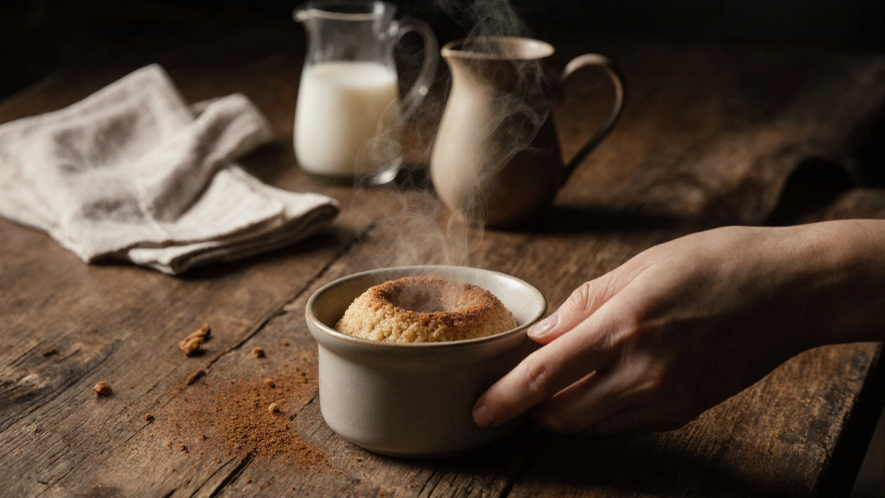 Руки кладут медовик рядом с чашкой чая, вокруг — капли конденсата и крошки.