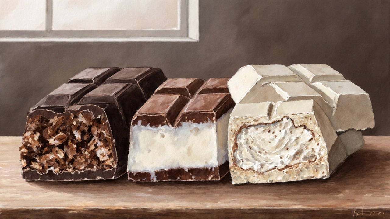 Три вида шоколада: темный, молочный и белый, показаны в разрезе с детализацией структуры.