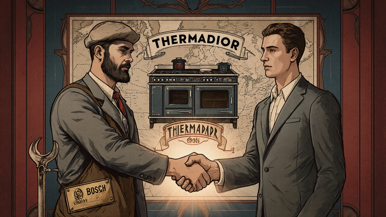 Винтажный плакат с Робертом Босхом, старой печью Thermador и рукопожатием, символизирующим объединение.
