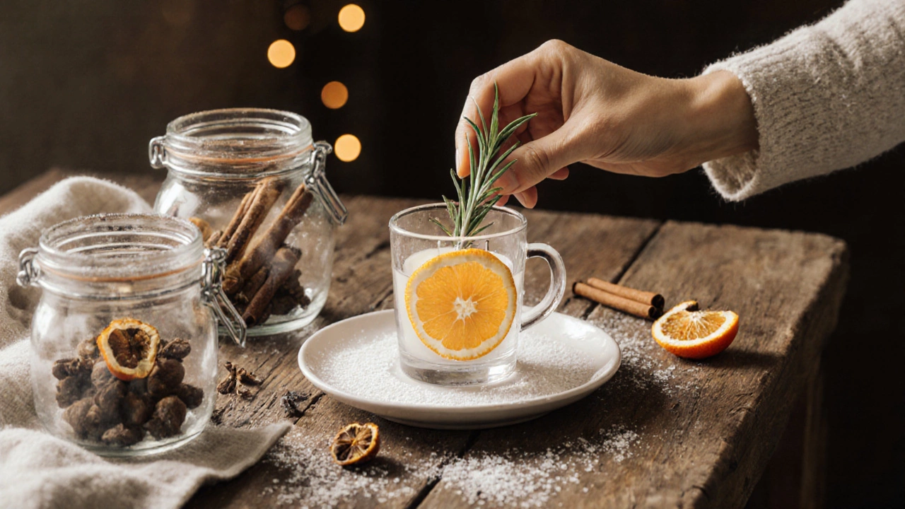 Белая тарелка с розмарином и долькой апельсина, рядом стеклянный бокал с свечой и кристаллами сахара.