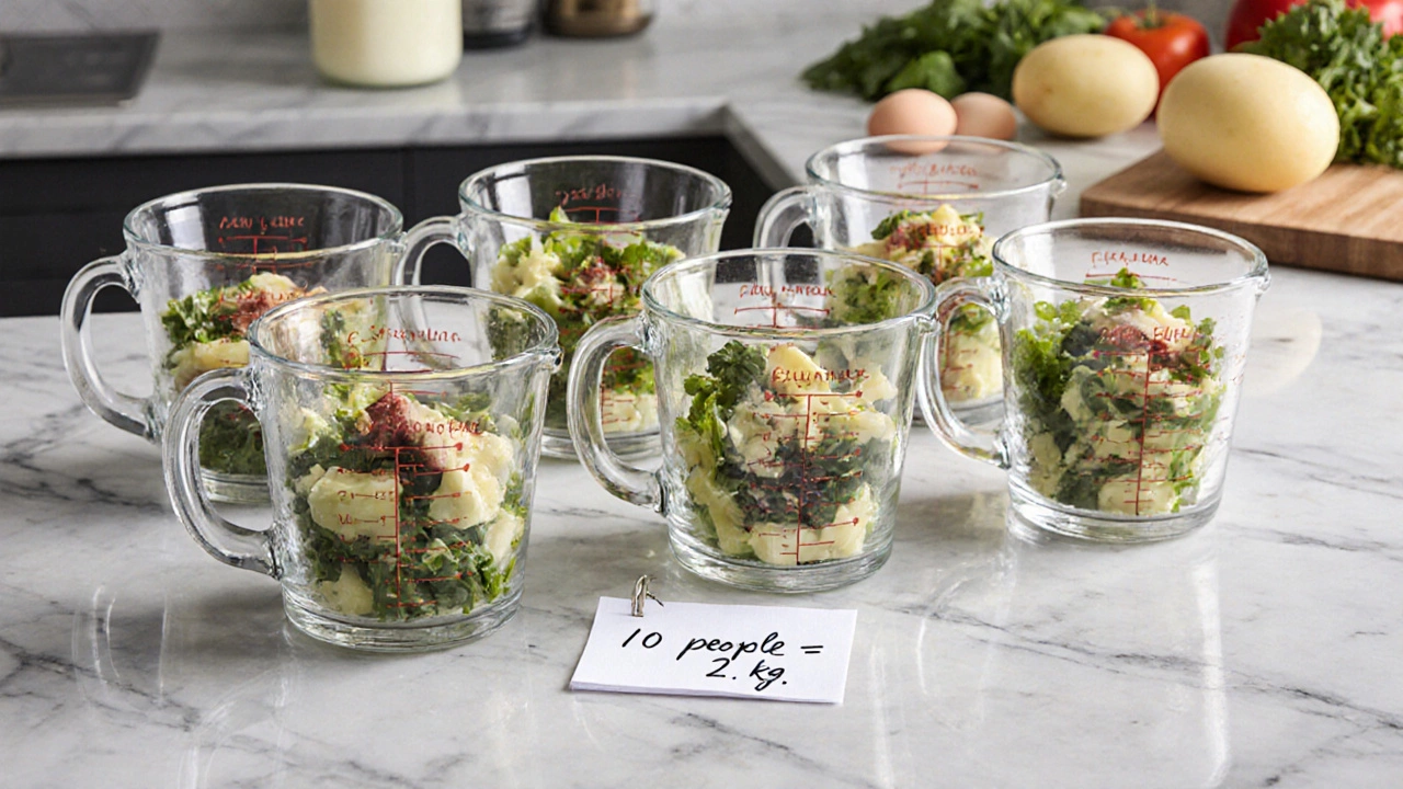 Десять стаканов с салатом, выстроенных в ряд, каждый — порция на одного человека.