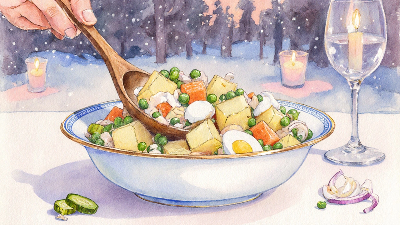 Детализированный кадр ложки, поднимающей оливье из миски, с видимыми ингредиентами и майонезом.