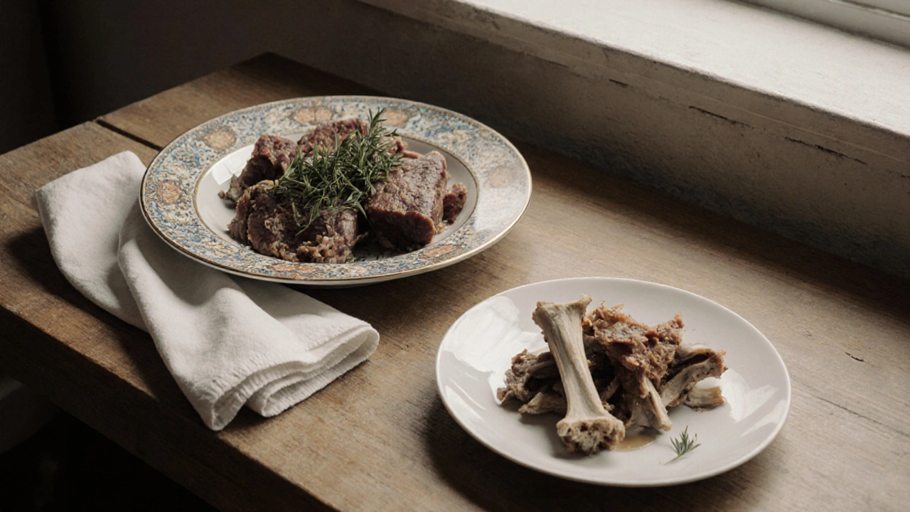 Две тарелки на деревянном столе: одна с едой, другая — с костями и отходами.