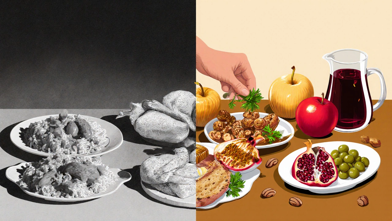 Двустороннее изображение: слева — скучная еда в серых тонах, справа — яркий, насыщенный новогодний стол с фруктами, орехами и вином.