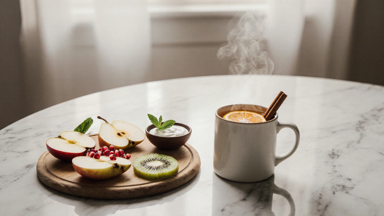 Фруктовая тарелка с йогуртовым соусом и тёплый напиток с корицей и апельсином на фоне уютного интерьера.