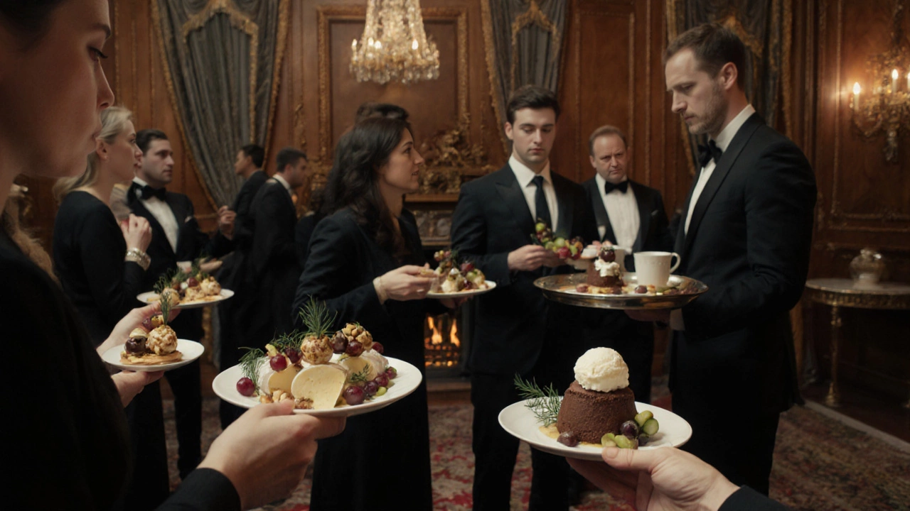 Гости на банкете держат блюда с закусками, за спиной — официант подаёт горячий суп и десерт.