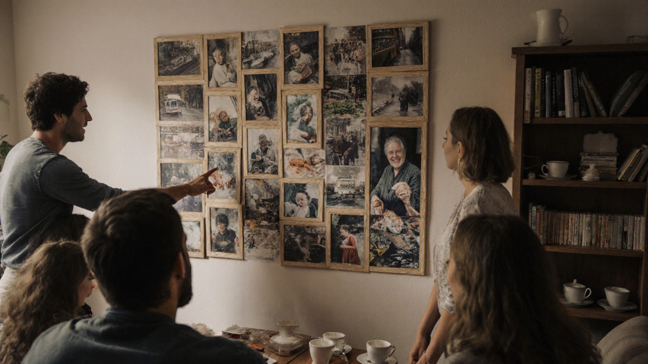 Гости смотрят на мозаику из фотографий именинника на стене.