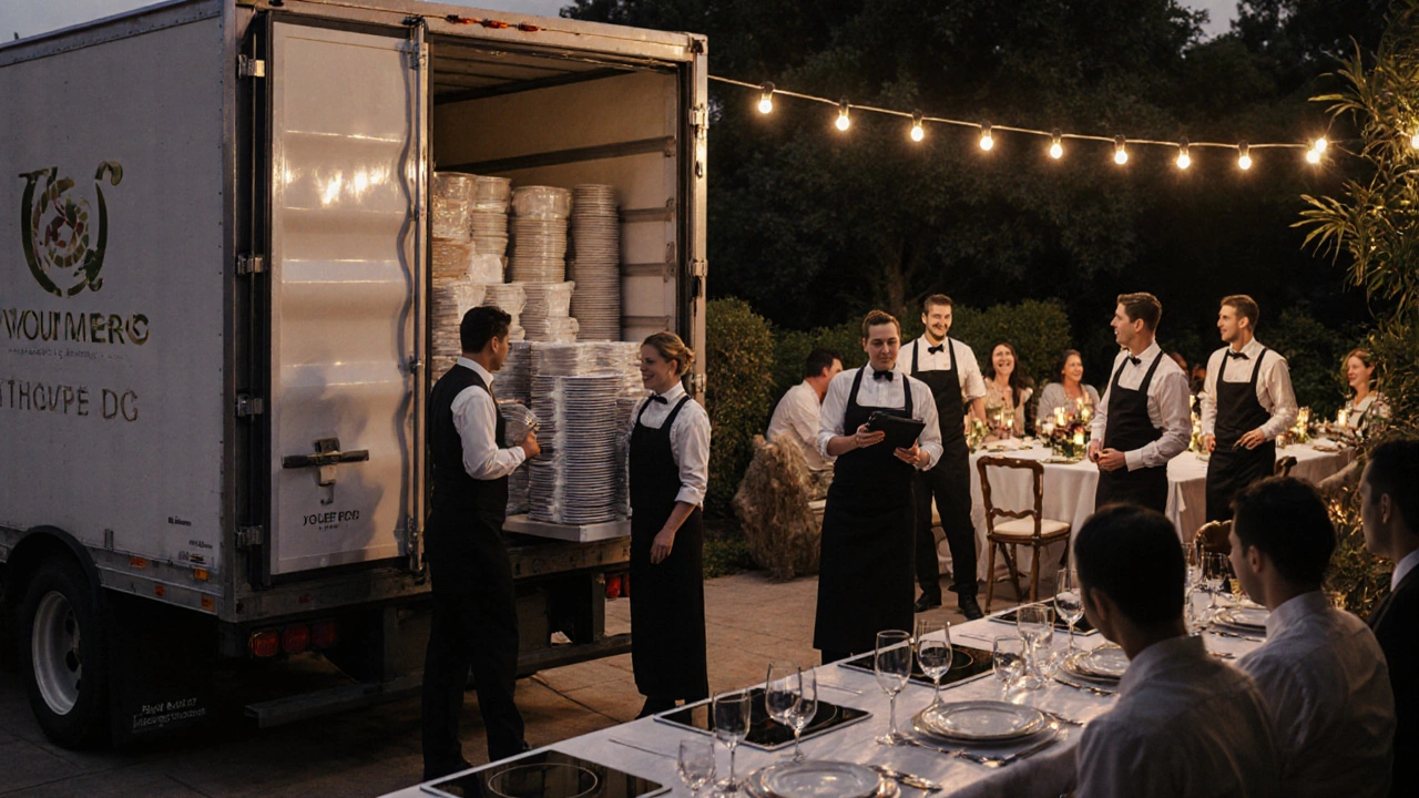 Грузовик с посудой и оборудованием разгружает сервировку на террасе, персонал устанавливает столы под гирляндами.