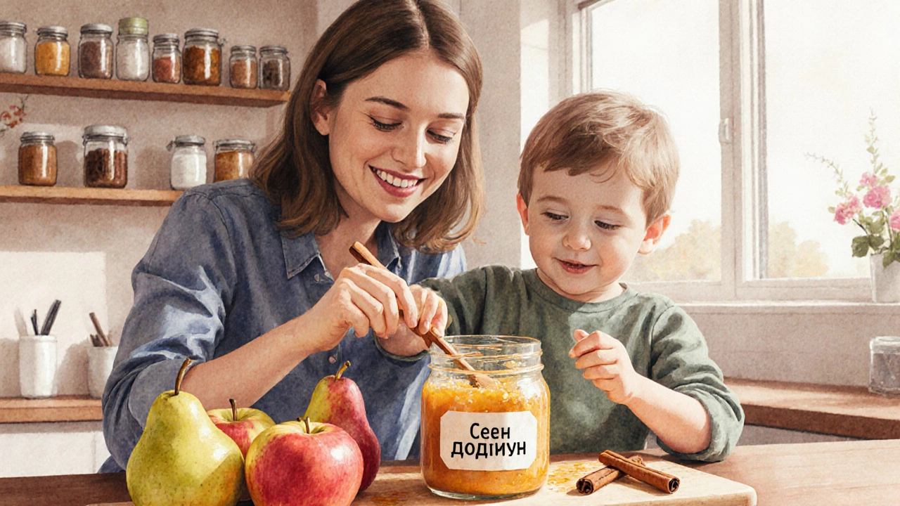 Мама и ребёнок готовят фруктовое пюре без добавок.