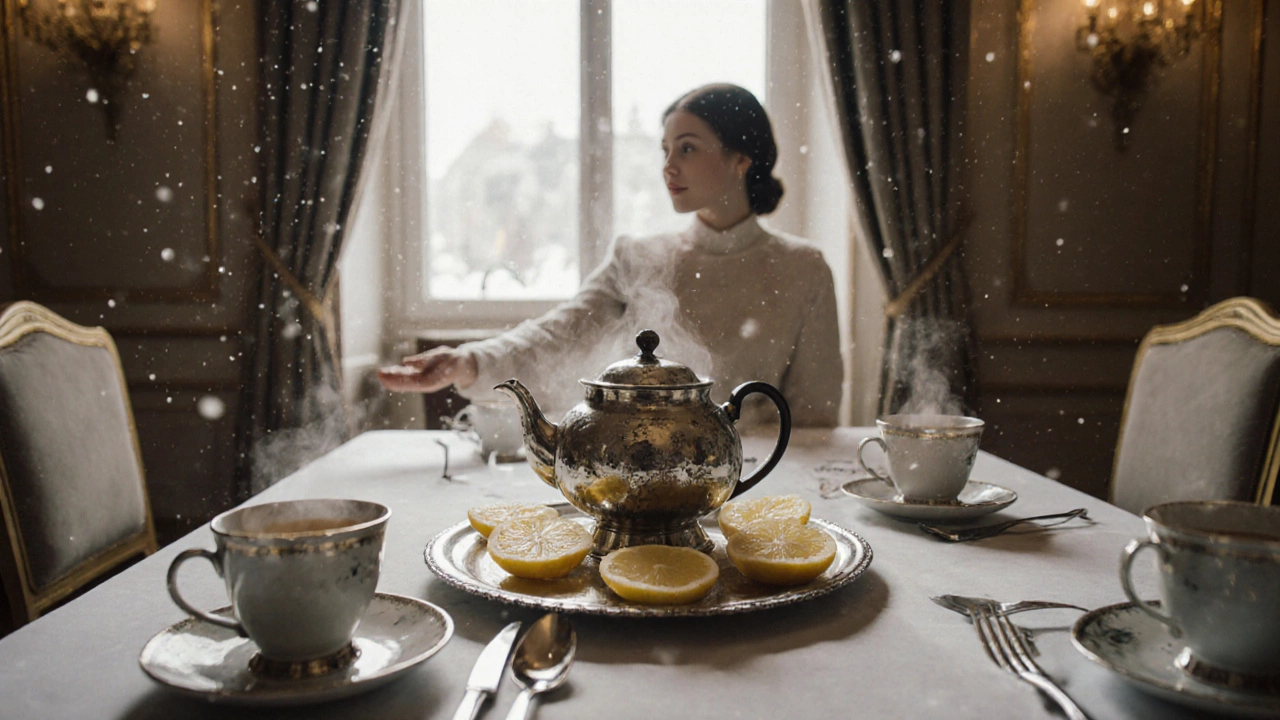 На серебряном подносе лежат дольки лимона и отдельные чайные ложечки для гостей, чайник в центре.