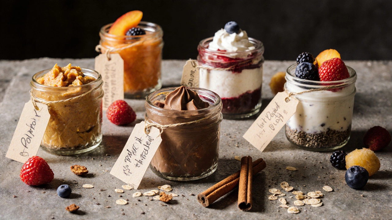 Пять стеклянных баночек с полезными десертами без сахара на деревянной стойке.