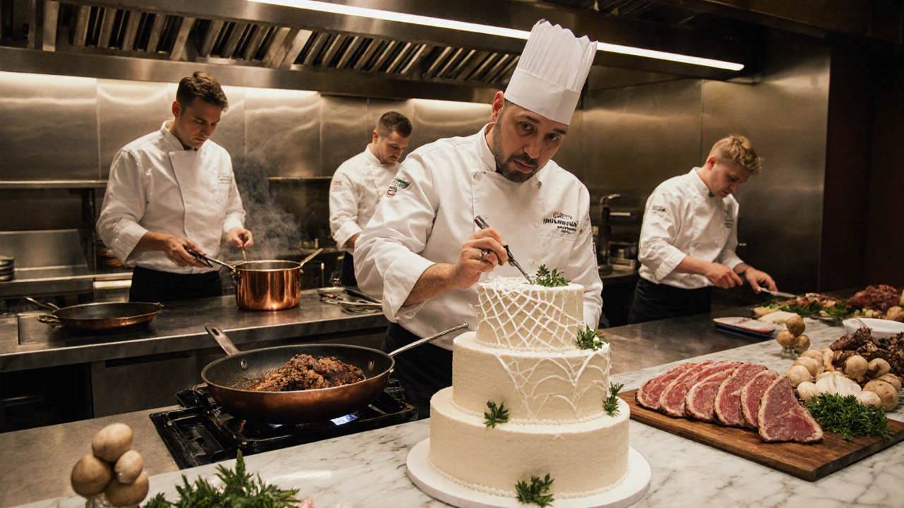 Повар наносит сахарную паутинку на торт, вокруг него — команда готовит блюда в профессиональной кухне с дорогими ингредиентами.