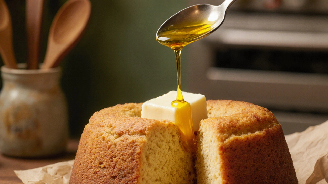 Разрезанный пирог с тающим сливочным маслом на вершине и каплей подсолнечного масла в воздухе