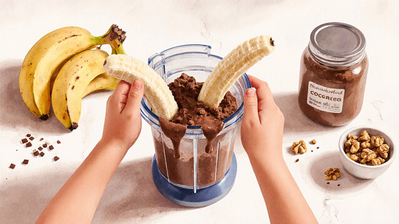 Ребёнок взбивает замороженные бананы с какао и орехами в блендере.