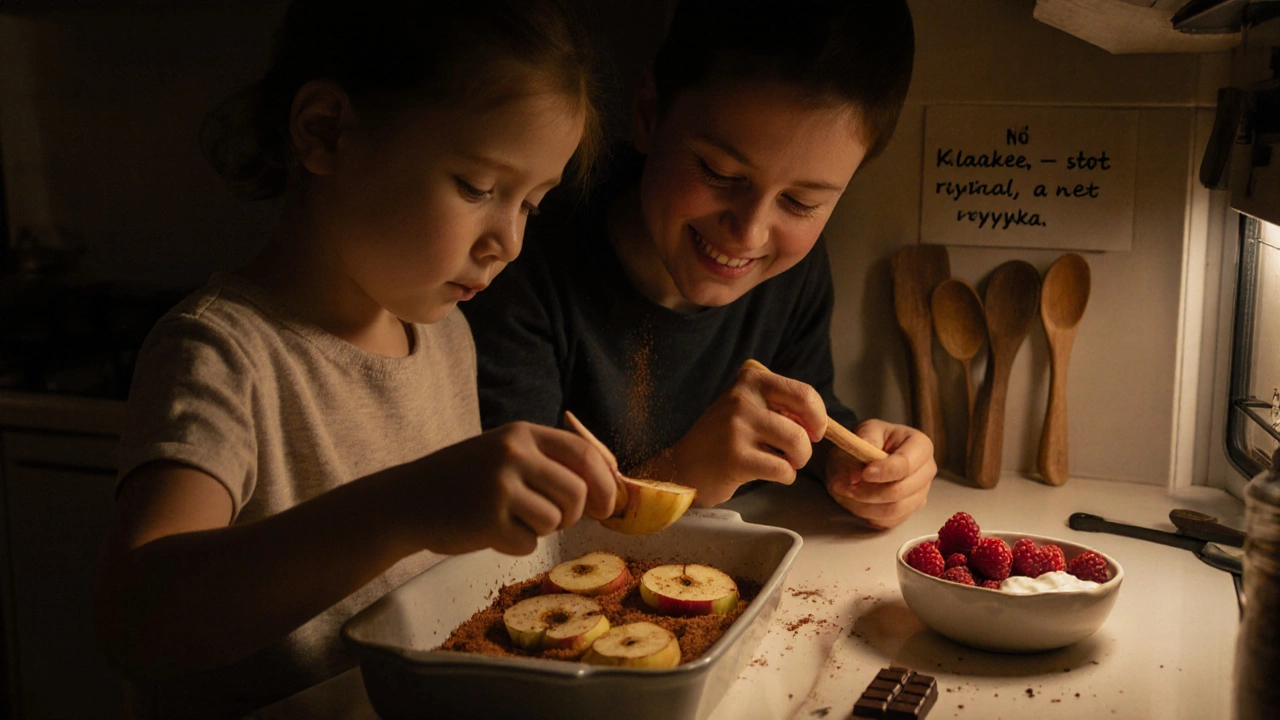 Родитель и ребёнок печют яблоки с корицей в тёплой кухне, рядом — натуральные сладости.