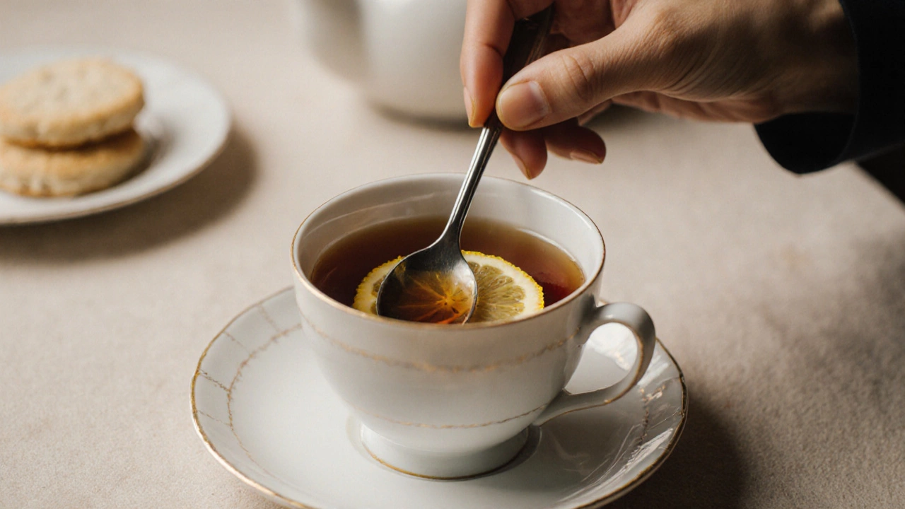 Рука кладёт чайную ложку на блюдце после перемешивания чая с лимоном, ложка параллельна краю.