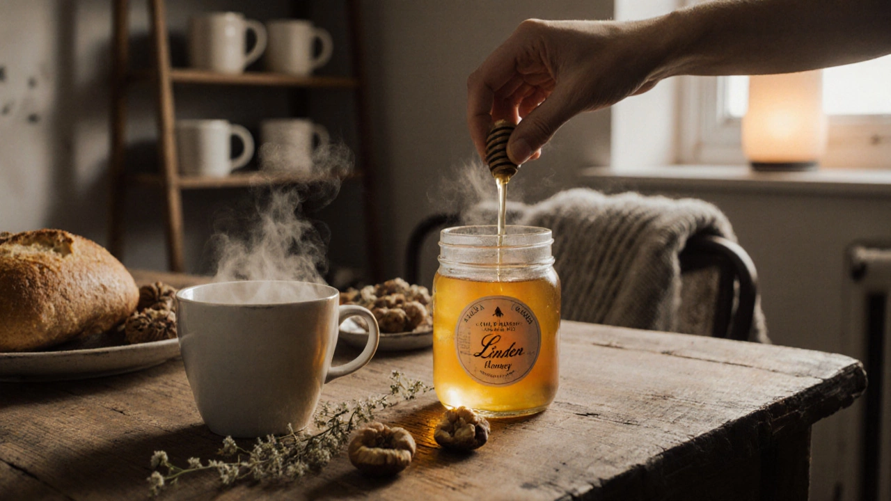 Рука кладёт домашний мёд на стол рядом с чашкой чая, хлебом и сушёными цветами.