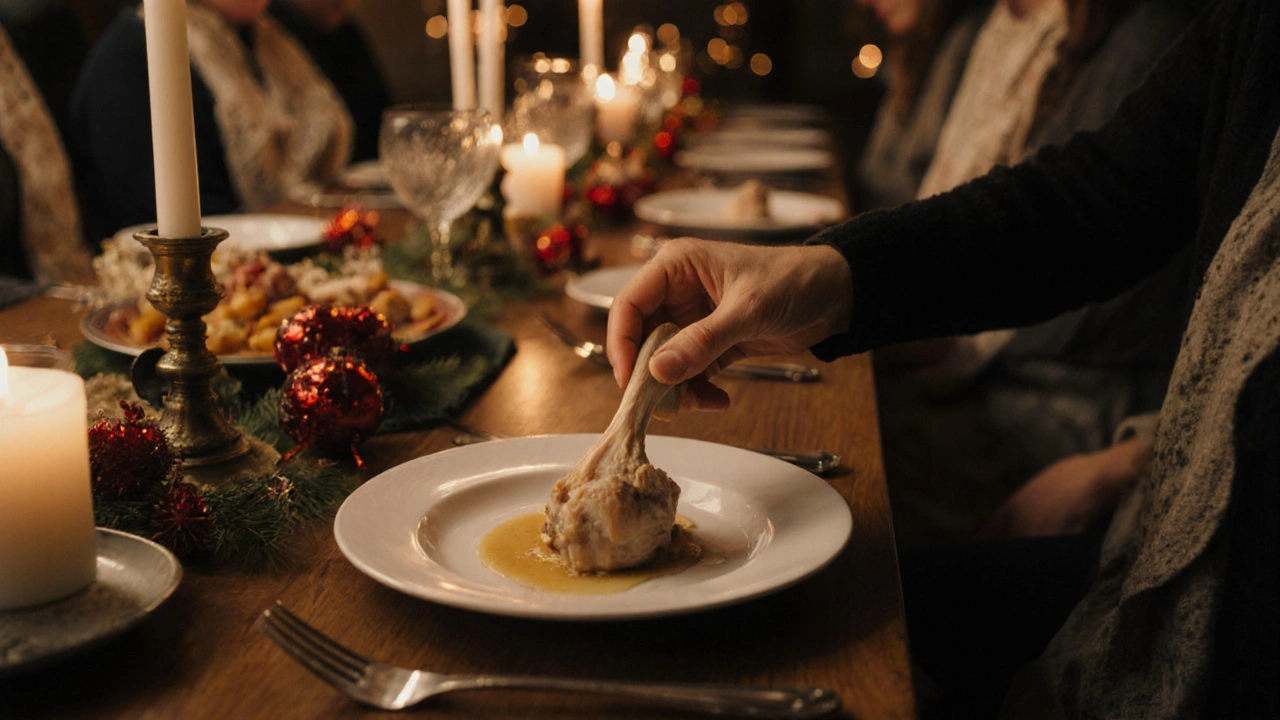 Рука кладёт кость на маленькую тарелку рядом с основной, за столом — гости.