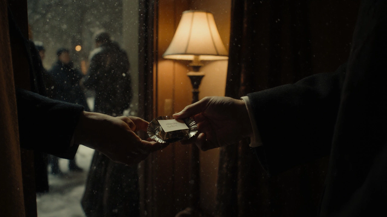 Рука вручает конфету с запиской у двери, за окном идёт снег.