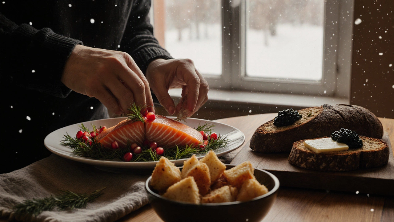 Руки готовят филе лосося с гранатом и укропом, заменяя рыбу с костями, рядом — ржаной хлеб с маслом и икрой.