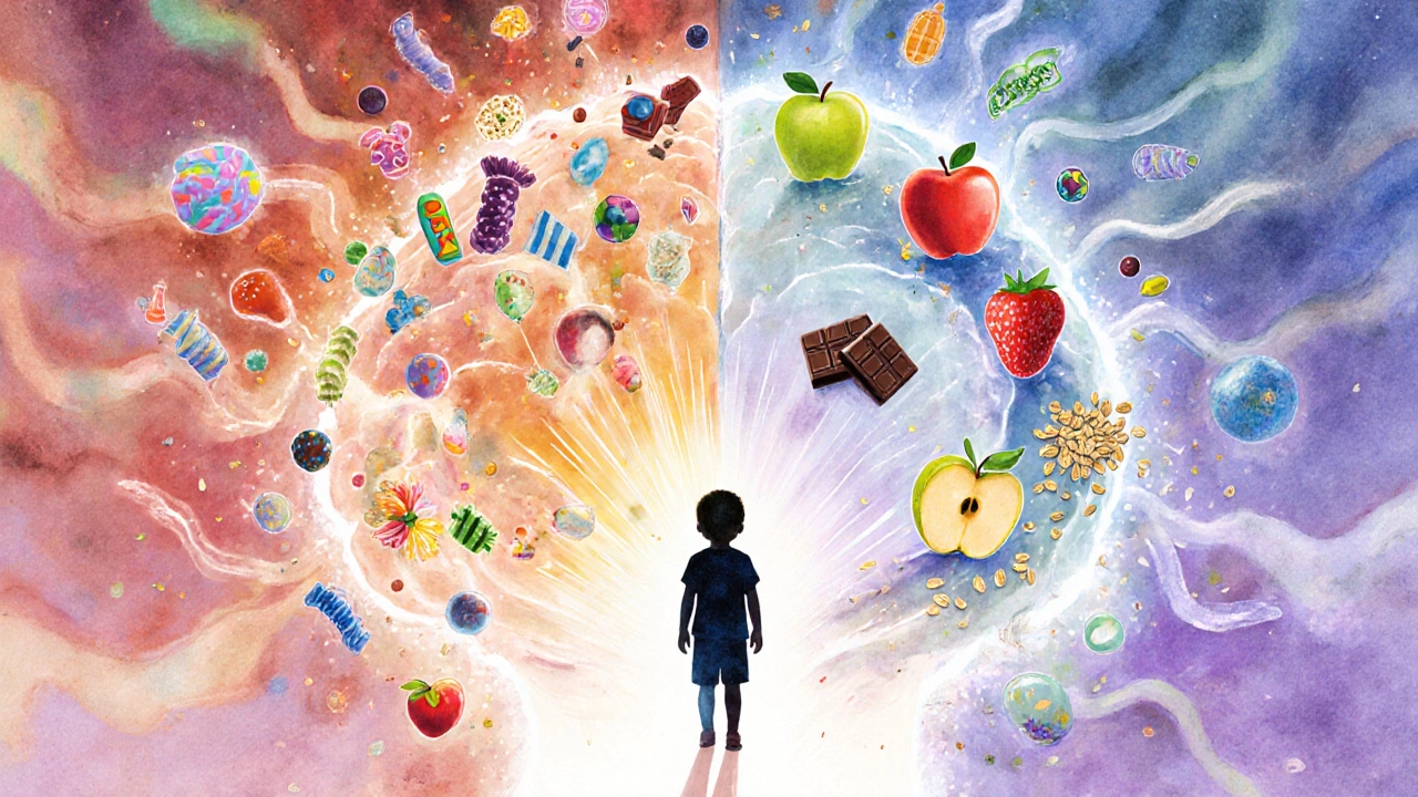 Схема детского мозга с двумя путями: один — от сладостей, другой — от фруктов и овсянки.