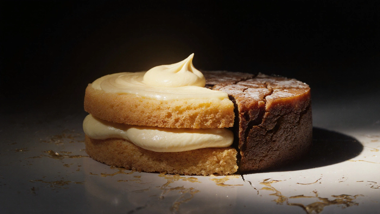 Сравнение идеального торта из сливочного масла и плотного торта из маргарина в контрастной композиции.