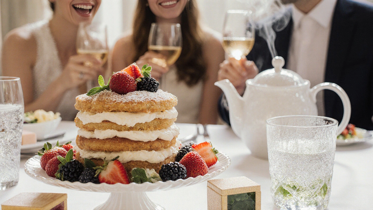 Стол с десертами: торт «Наполеон», фруктовый салат и мармеладные конфеты в коробочках, рядом кувшин с водой и мятой.