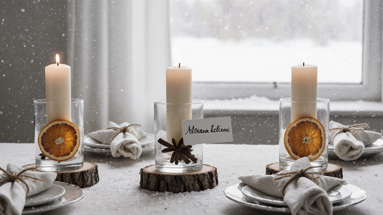 Три стеклянных подсвечника с апельсиновыми корками и гвоздикой, рядом бумажные ярлыки на коре и сложенные салфетки.