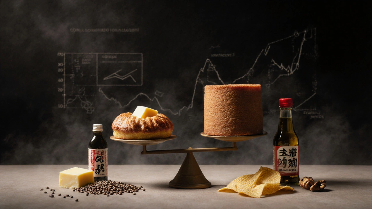 Весы: пирог со сливочным маслом против резинового торта с подсолнечным маслом, с символами омега-3 и омега-6