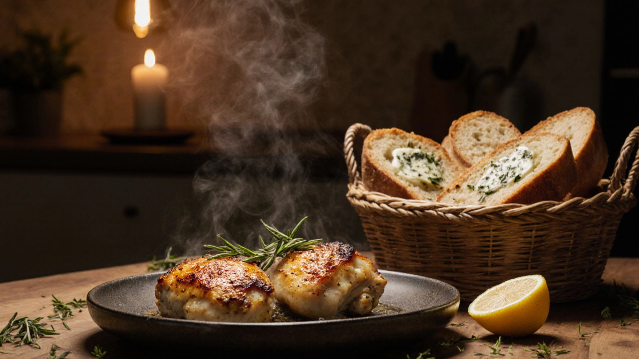 Запечённые куриные бёдра с розмарином и чесноком, тёплый хлеб с чесночным маслом и лимоном.