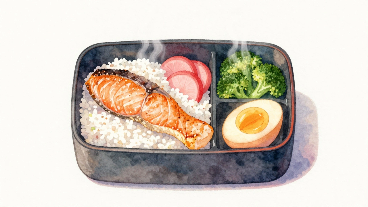 Японская бенто-коробка с рисом, рыбой и овощами, аккуратно разложенными по отсекам.