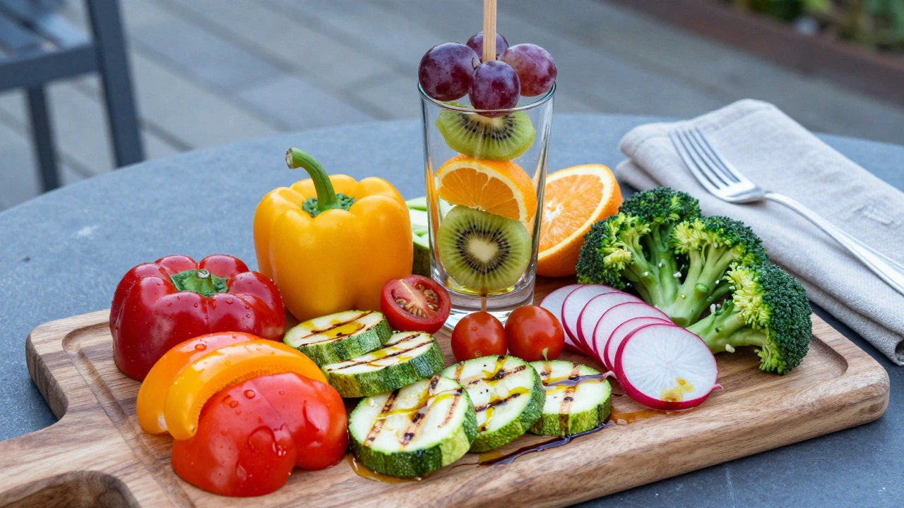 Яркая композиция из овощей и фруктов на деревянной доске с фруктовыми шпажками в стакане.