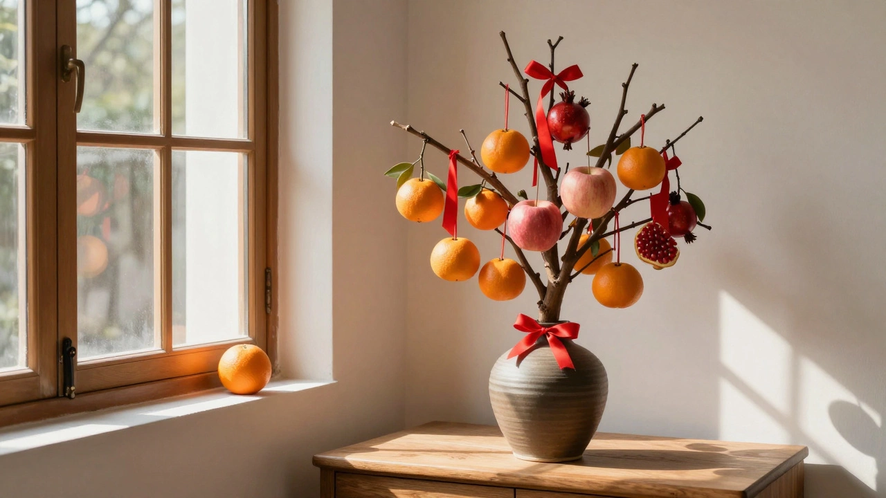 Дерево удачи с ветками, украшенными мандаринами и гранатами, на фоне тёплого окна с снегом.