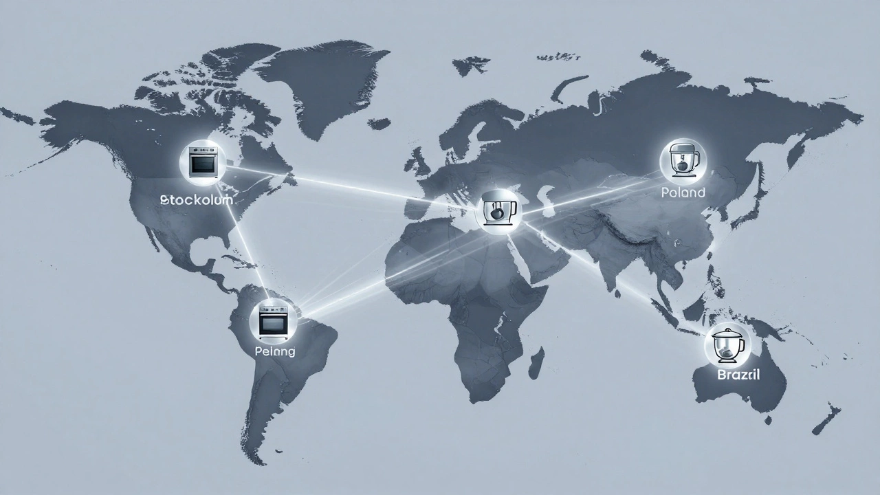 Глобальная сеть производства Electrolux: Швеция, Польша, Китай — соединены световыми линиями с символами техники.