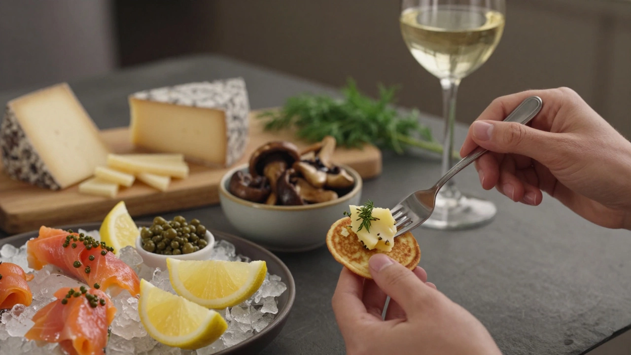 Гость берёт мини-блины с творогом рядом с копчёной рыбой на льду и сыром на табличках.