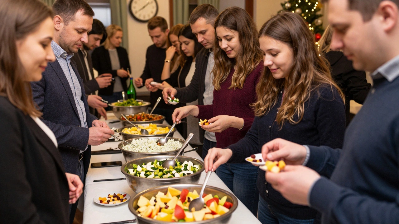 Гости берут салаты на празднике у трёх отдельных столов, один из них — ребёнок с фруктовым салатом.