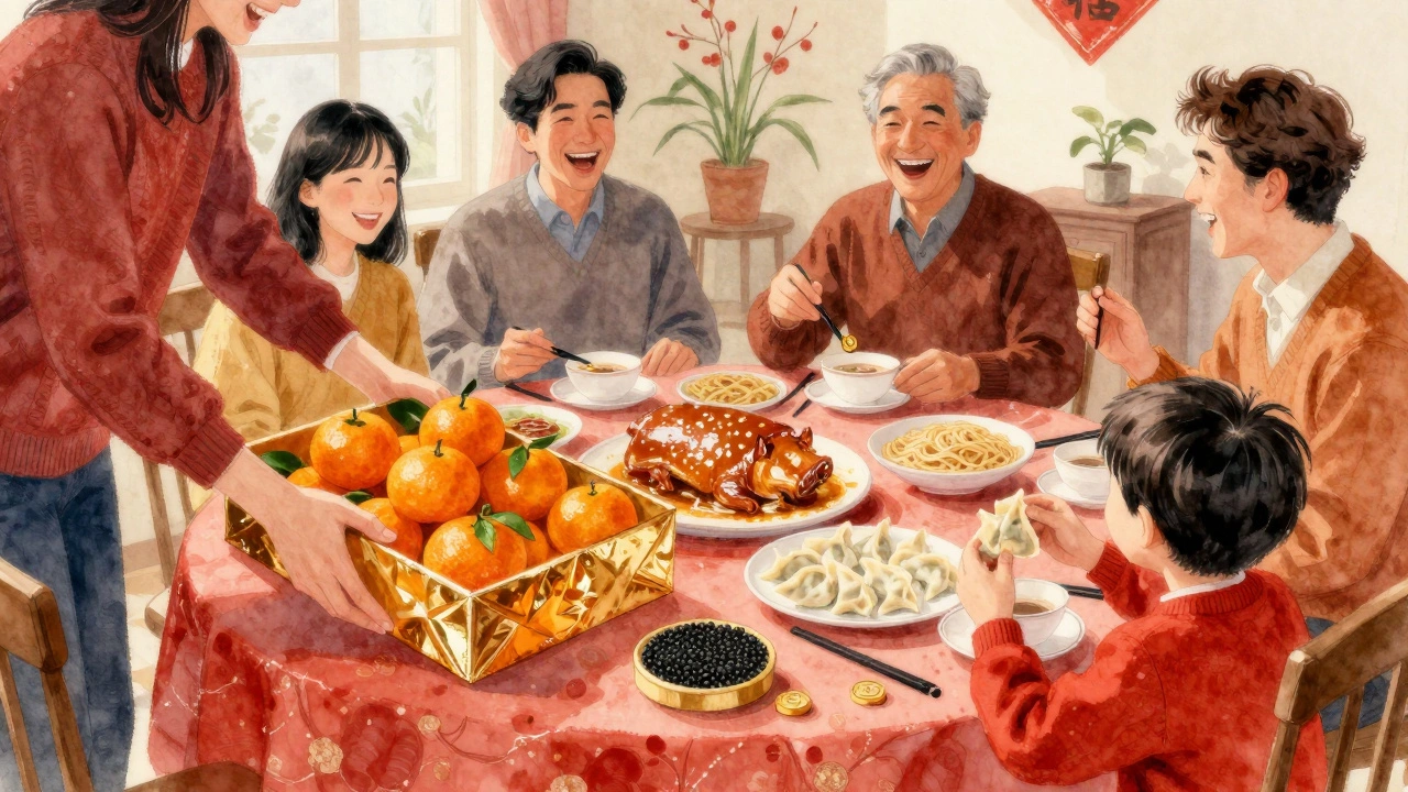 Гости за новогодним столом с пельменями, лапшой и коробкой мандаринов в подарок.