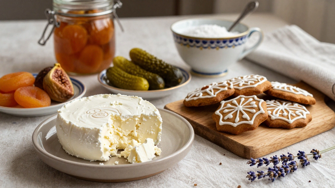 Кусочек сыра, солёные огурцы и имбирное печенье на керамической тарелке с ложечкой для мёда.