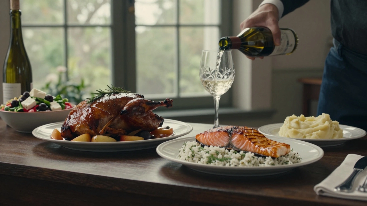 Основные блюда на банкете: запеченная утка и лосось на гриле с салатом и картофельным пюре.