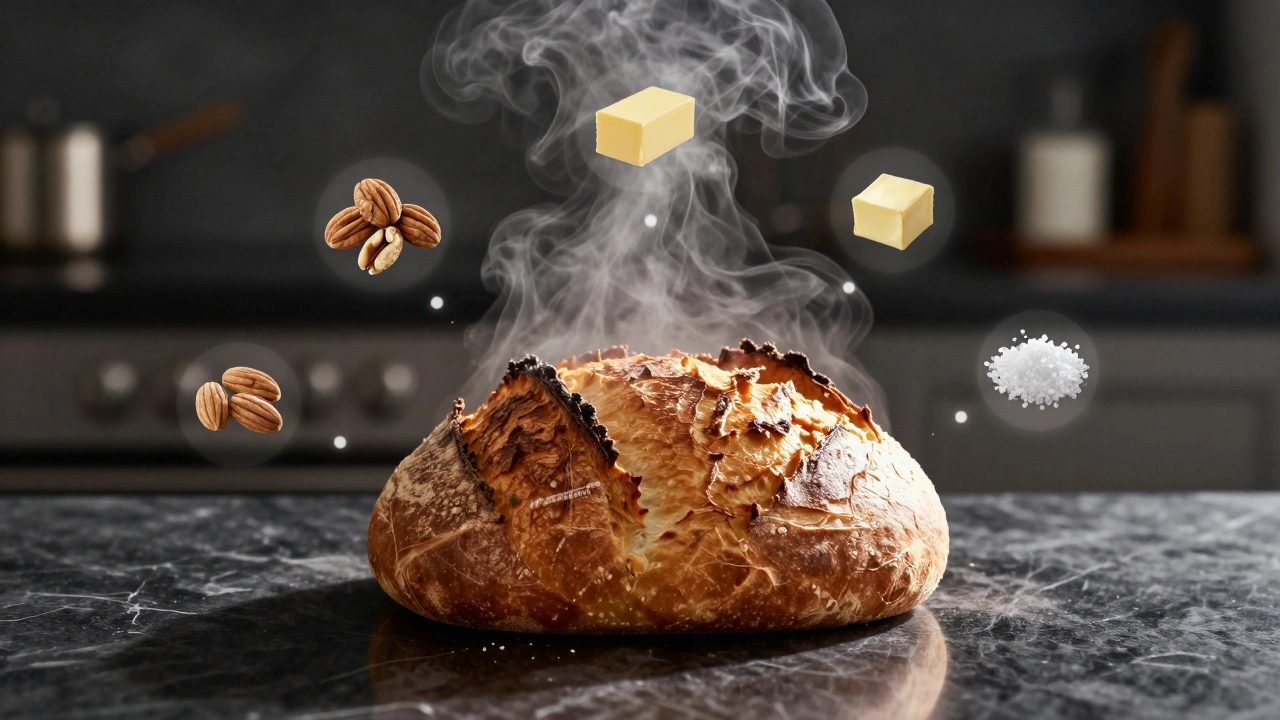 Пар выходит из печи De&#039;Longhi, когда хрустящий хлеб выходит из духовки, вокруг плавают иконки ингредиентов.