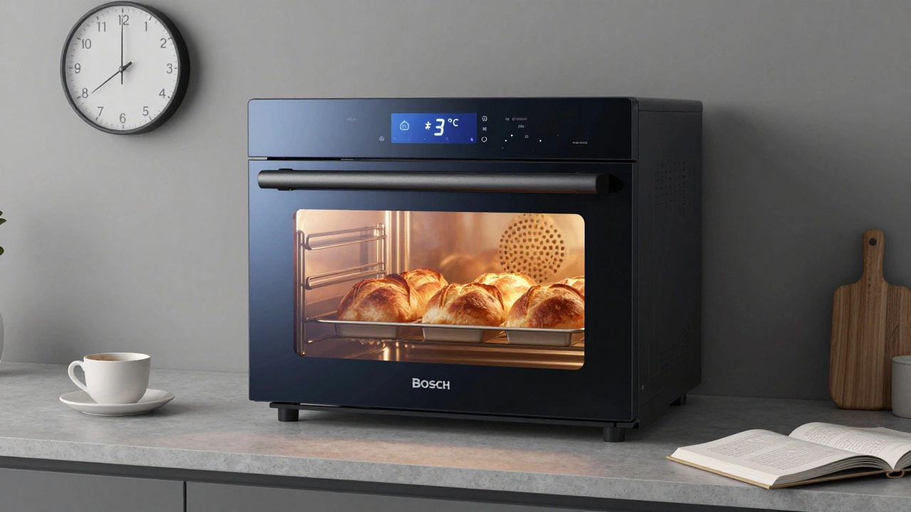 Печь Bosch с равномерным нагревом выпекает несколько буханок хлеба, цифровой дисплей показывает точную температуру.