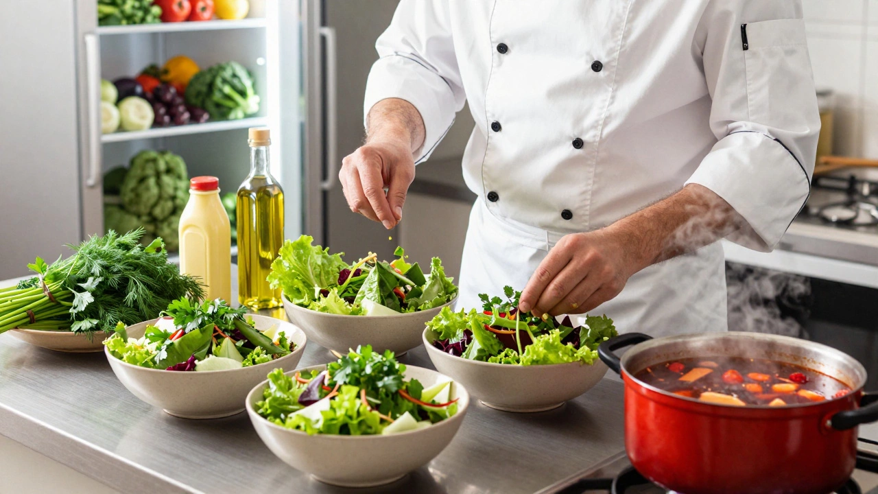Повар распределяет салаты по порционным мискам, используя весы и свежую зелень для украшения.