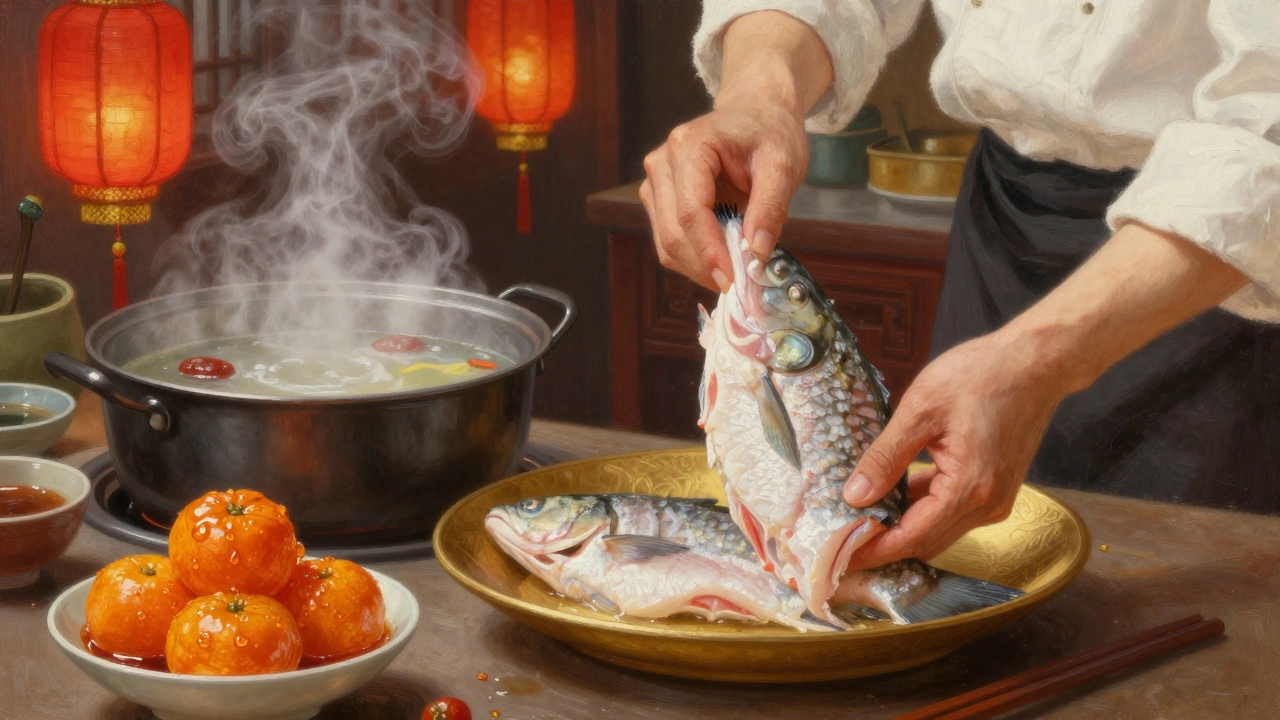 Повар убирает голову и хвост у рыбы, подавая только филе на золотую тарелку.