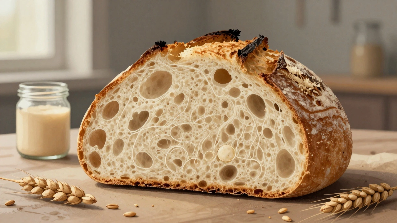 Разрез хлеба с закваской, показывающий воздушную структуру мякиша и зерна пшеницы.